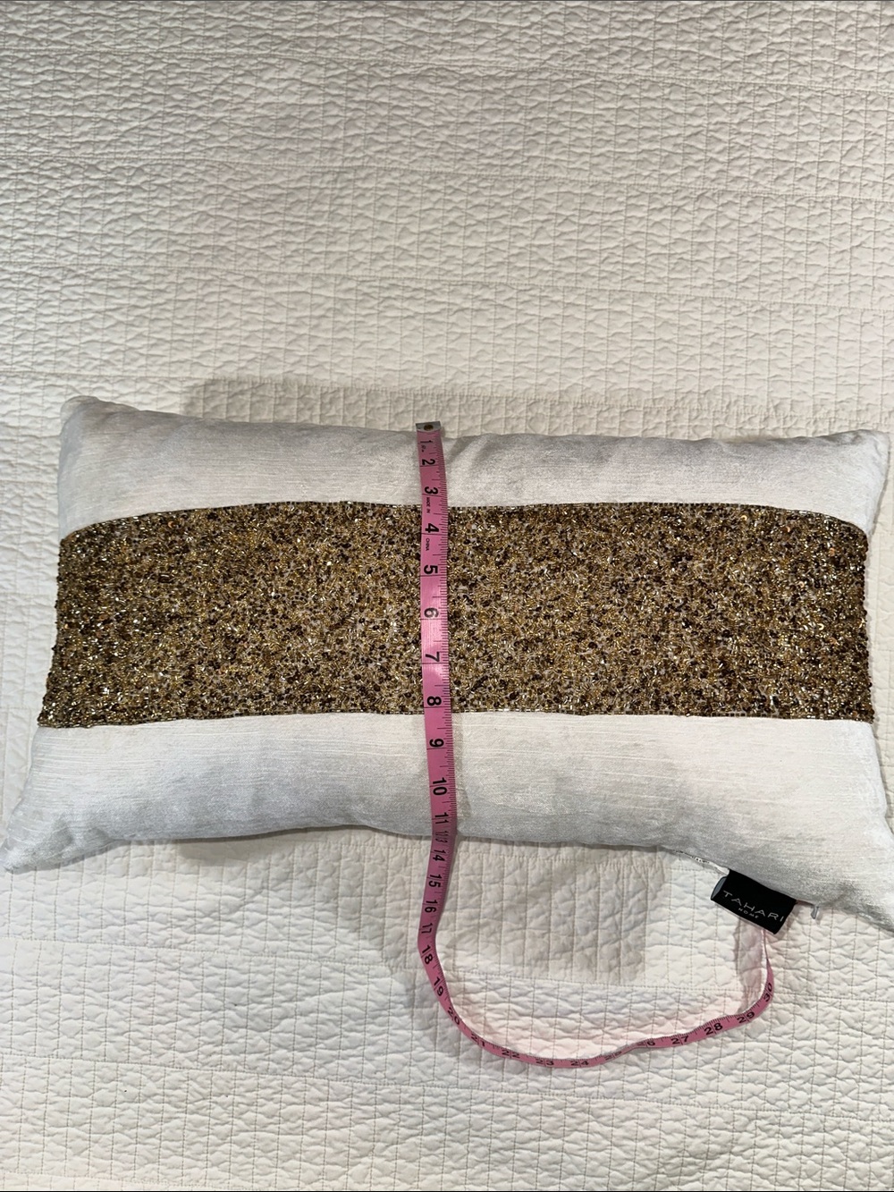 TAHARI White Velvet Down Filled Beaded Pillow Gold Lumbar like new - Picture 6 of 6